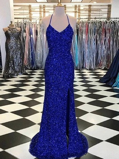 Purcahse  Royal Blue Sleeveless V-Neck Sheath Velvet Sequin Evening Dress UK