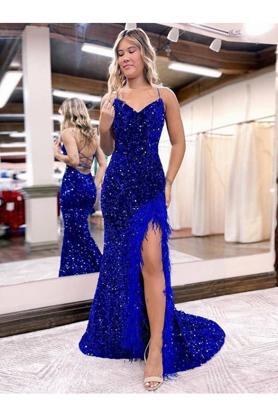 Purcahse  Royal Blue Sleeveless V-Neck Sheath Velvet Sequin Long Evening Dress UK